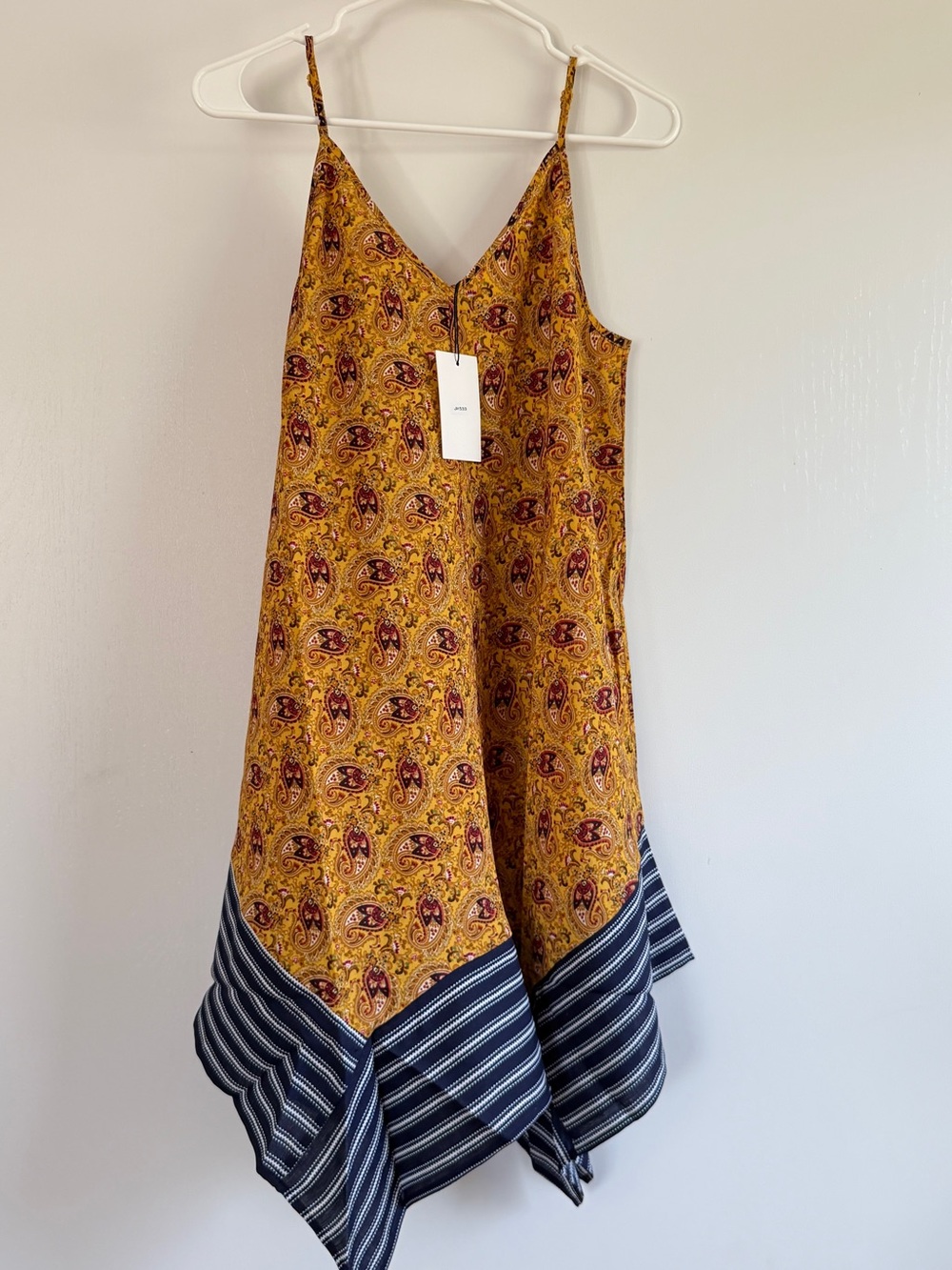 THML Yellow Paisley Handkerchief Hem Slip Dress with Navy Stripe Trim
